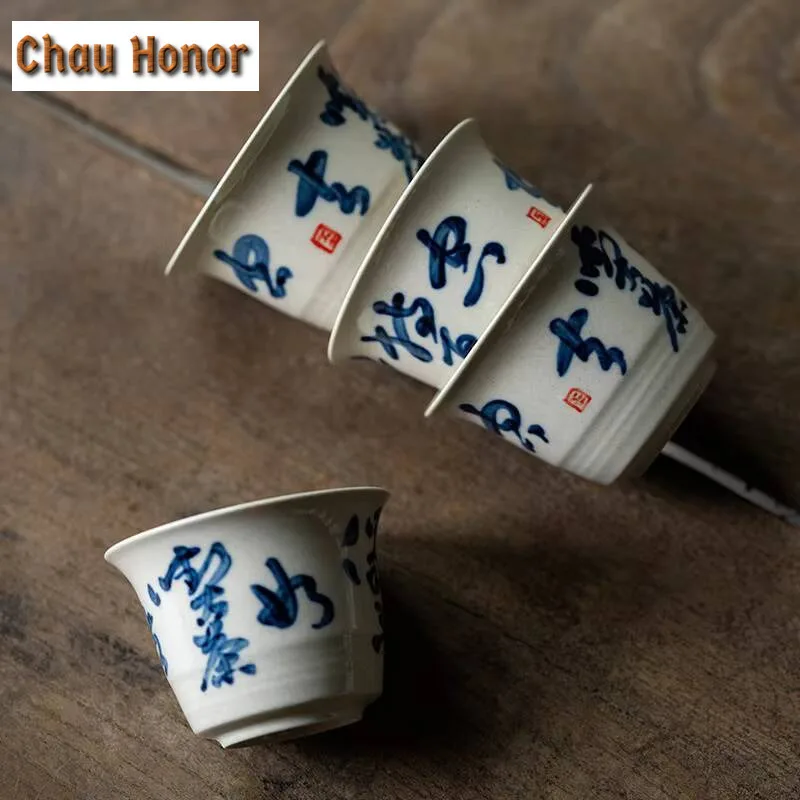 2pc/lot Plant Ash Glaze Japanese Hand-painted Tea Poem Master Cup Small Tea Bowl Kungfu Teaset Tea Ceremony Customized 35ml