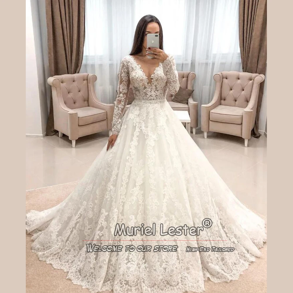 

Ivory Princess Wedding Dresses With Long Sleeves Applique Lace Scoop Neck Bridal Gowns Bespoke Female Party Marriage Clothing