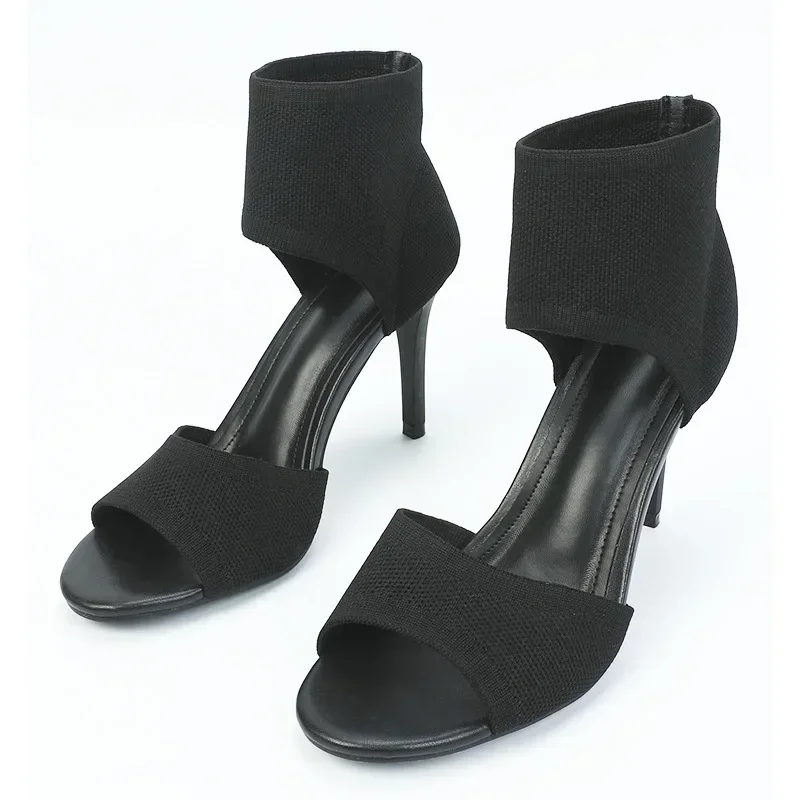 Women New Designer Knitted High Heels Sandals Summer Square Toe Thick Heeled Sandal Woman Sexy Slingbacks Black Party Shoes