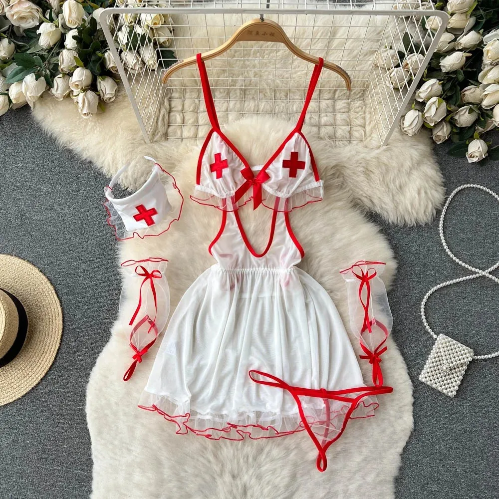 Sexy Cosplay Nurse Uniform Erotic Lingerie Babydoll Dress Flirting Underwear Women Clothes Costume 5 Piece Jumpsuit Dresses