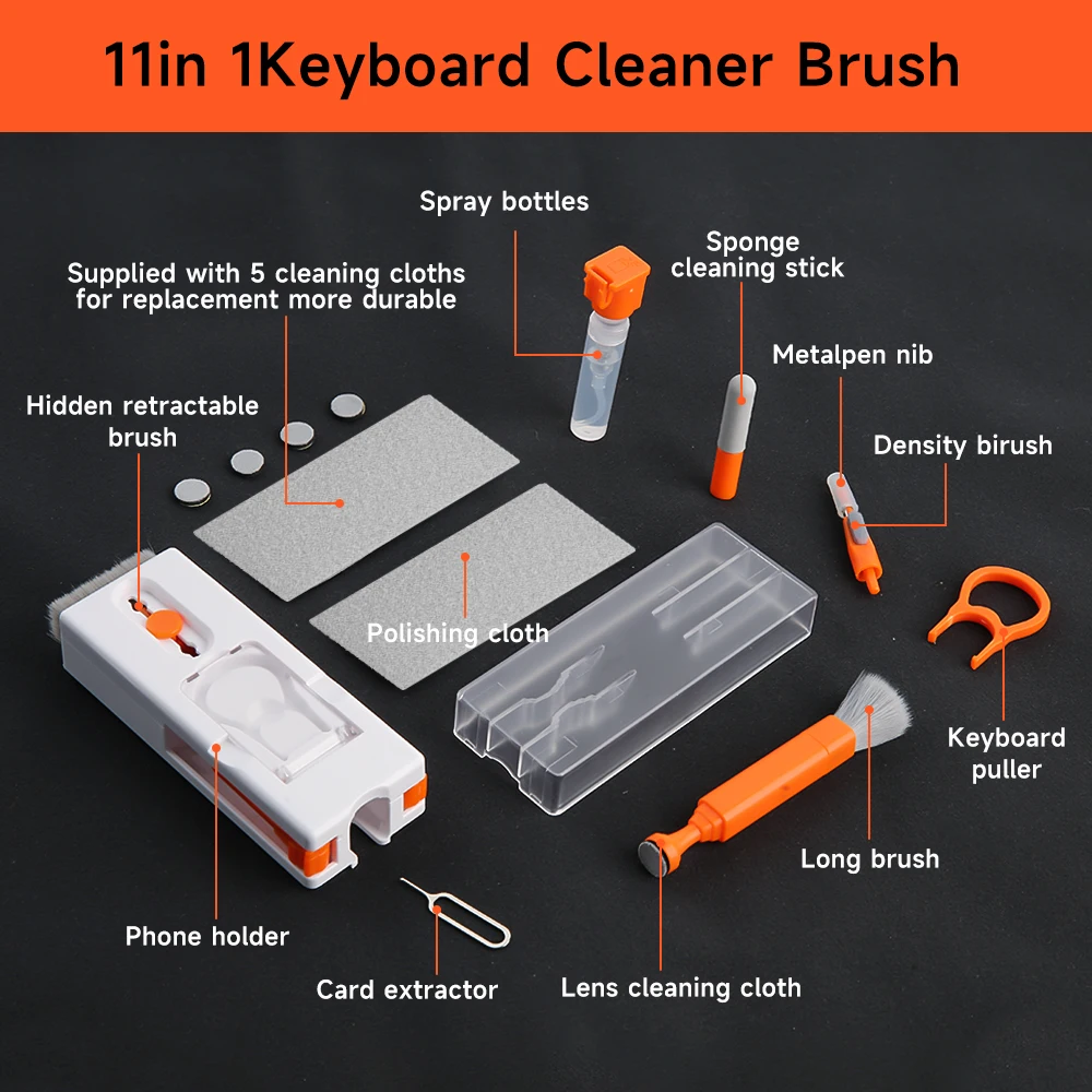 Cleaning Kit 11-in-1 Computer Cleaning Kit Bluetooth Earphone Cleaner Pen Keyborad Camera Brush Sim Card Ejector Keycap Puller Phone Holder