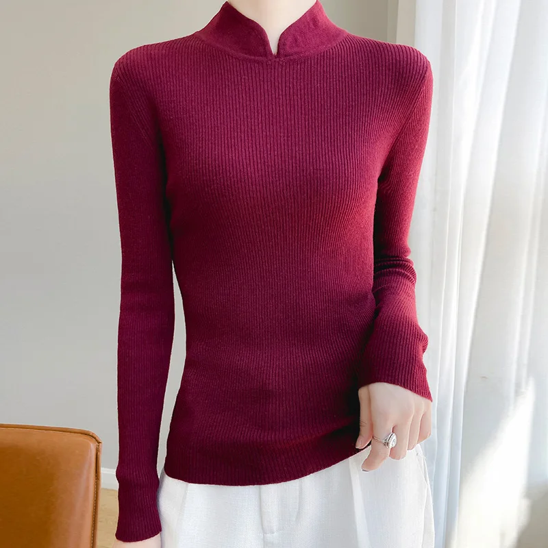 

Women 100% Pure Wool Soft Sweater Chinese Style Standing Collar Solid Slim Pullover Autumn Winter Basis Casual Knitting Top