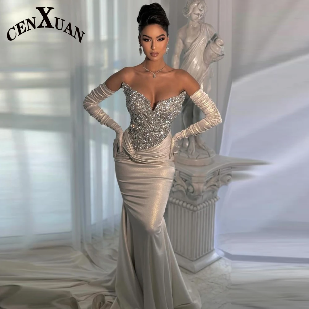 CENXUAN robes De remise De diplôme luxueuses pour filles strass col en V sirène froncé arabie saoudite robes De Festa personnalisées