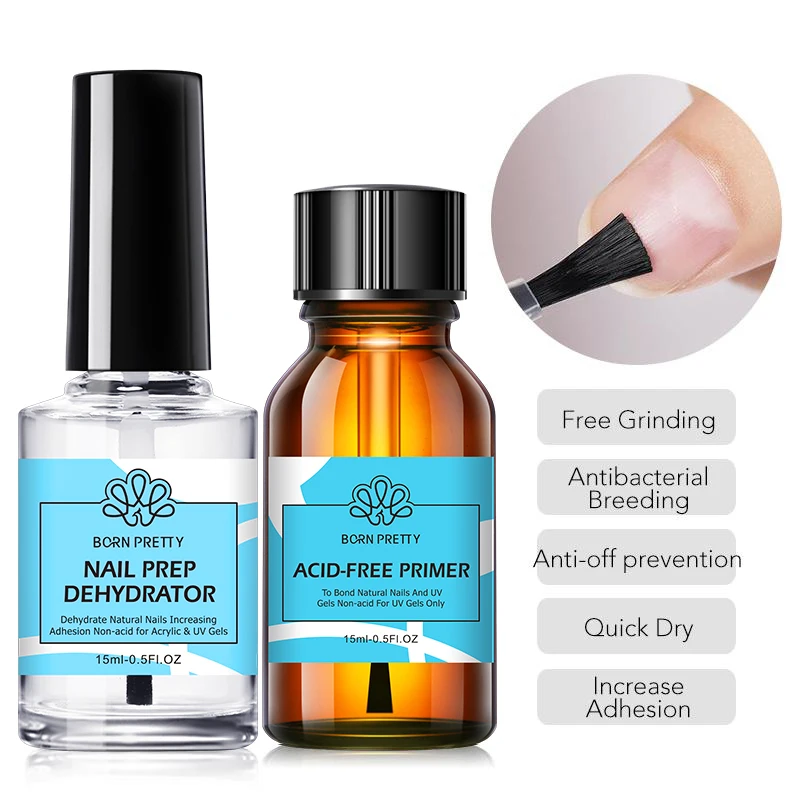 BORN PRETTY 15ML 2Pcs Nail Primering Nail Prep Dehydrator Set UV Gel System Manicuring Tips Fast 