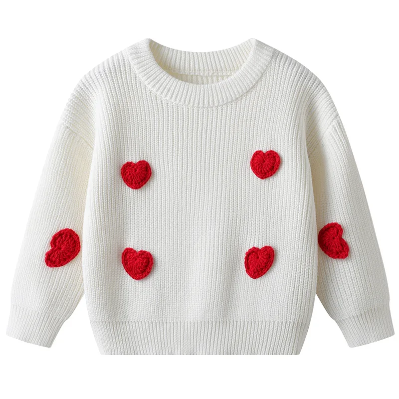  소녀 스웨터 긴 소매 크루 넥 수 놓은 사랑 겨울 따뜻한 니트 풀오버 스웨터  의류 발렌타인 데이 선물