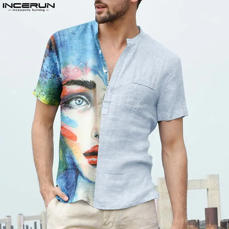 

Handsome Well Fitting Tops INCERUN Men's Abstract Art Face Printed Shirts Casual Splicing Stand Collar Short Sleeve Blouse S-5XL