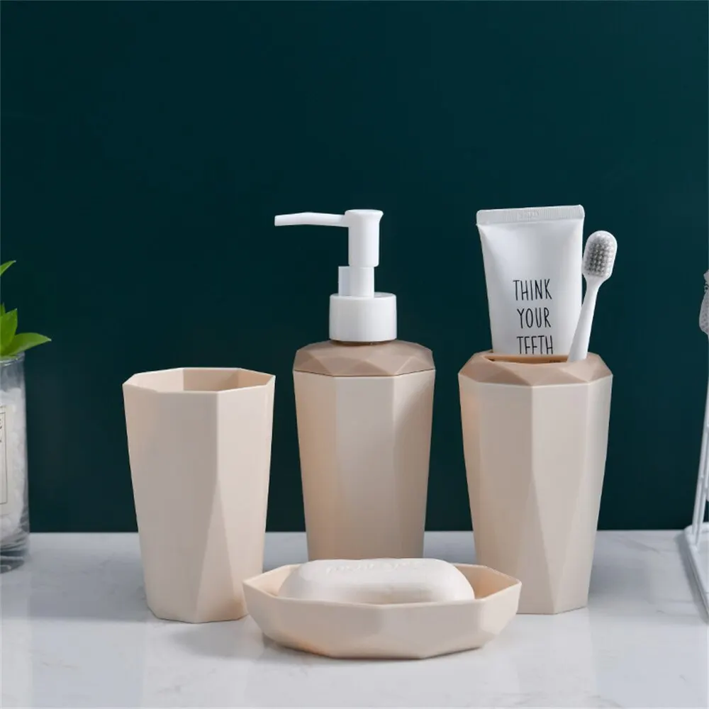 Toothbrush Cup Set 4PCS Diamond Shape Plastics Bathroom Accessories Sets Nordic Matte Toothbrush Holder Cup Soap Dispenser Bathroom Kit Toothbrush Case Toothbrush Storage Rack Toothbrush Storage Box Mouthwash Dispenser