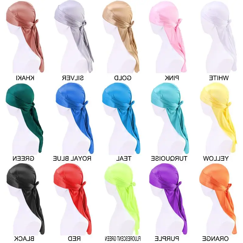 Durag for Men Long Tail Strap Waves Cap Women Satin Turban Biker Hip Hop Headwear Bandanas Silk Pirate Hat Doo Rag Hair Cover