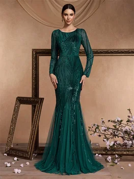 Lucyinlove Elegant Long Sleeves Sequin Tulle Evening Dresses 2024 Women Luxury Mermaid Formal Bridesmaid Party Maxi Prom Dress 1