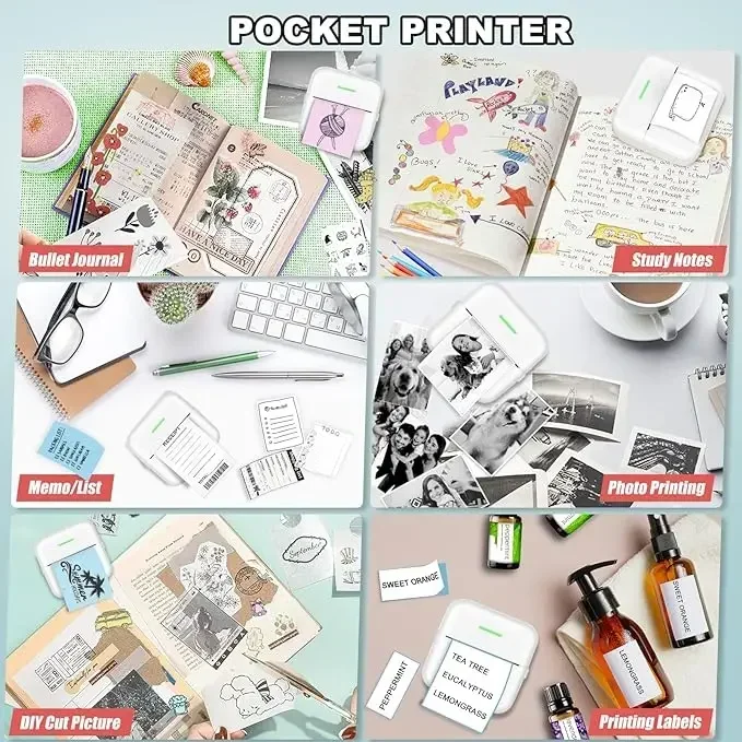 GlowMart Mini Pocket Printer Portable Thermal Sticker BT Printer for Android or iOS APP for Photo Journal Notes Memo Receipt