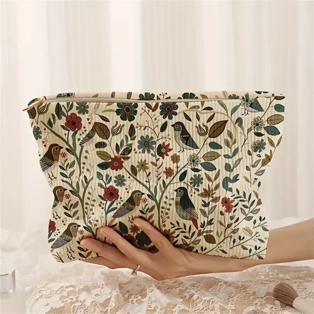 1pc Cosmetic Bags Branch Bird Pattern Women's Makeup Bag Corduroy Cosmetic Storage Bag Portable Commuting Travel Toiletry Bag