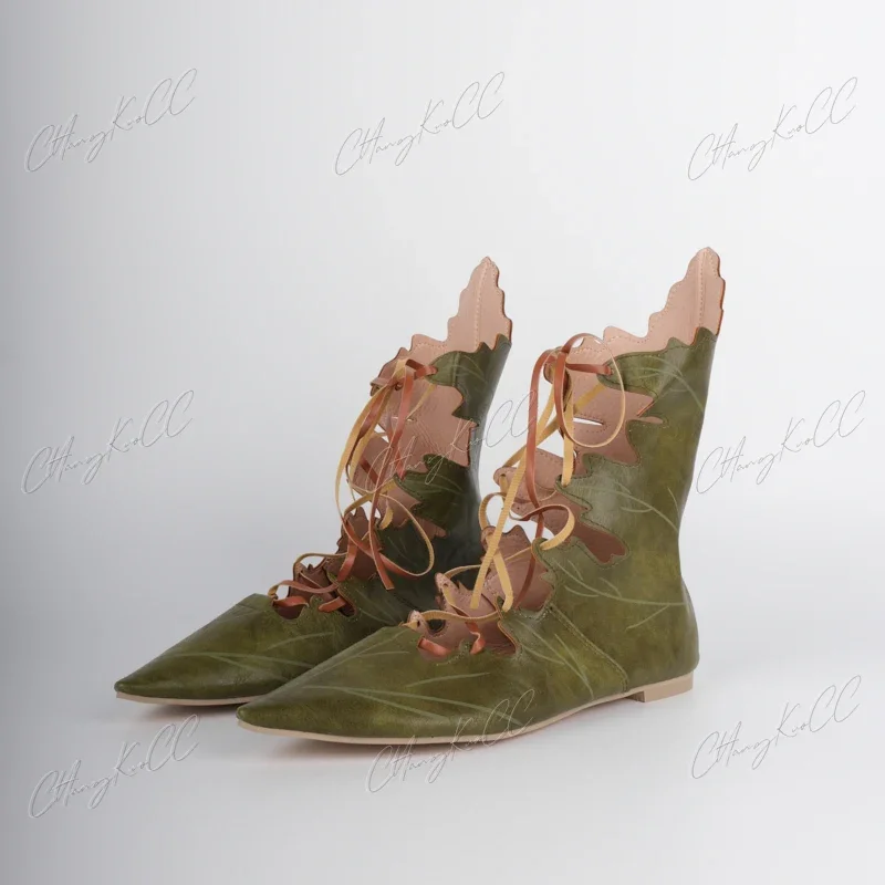 2024 Medieval Gothic Retro Elf Witch Leaves Lace Up Shoes For