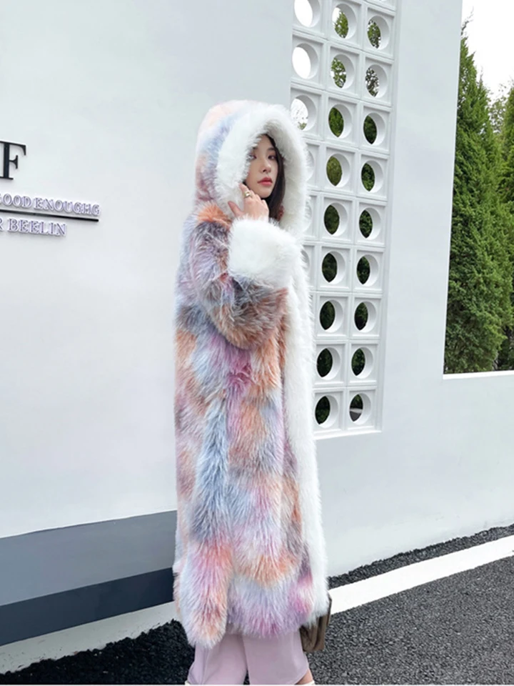 ZADORIN Fantasy Colored Women Hooded Long Faux Fur Coat Luxury