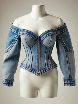 Goth Y2k Denim Top Women Elegant Off The Shoulder Zip Up Cardigan Short Slim Fit Long Sleeve Shirt Female Blouse Jacket 1