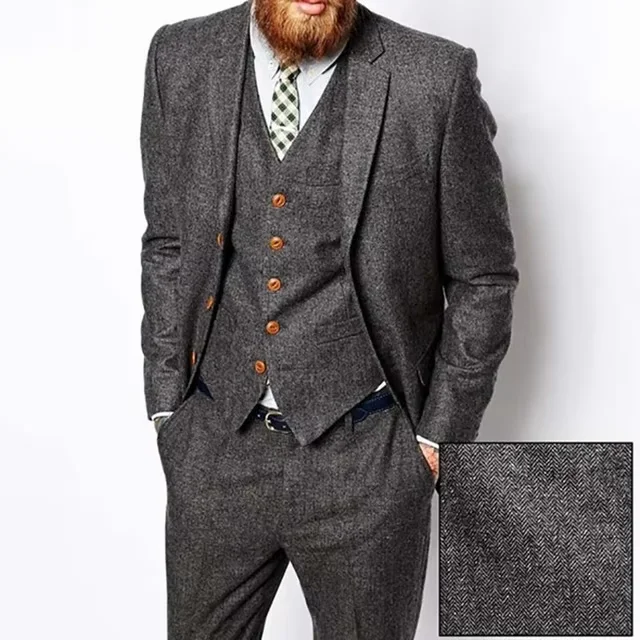 Abito da uomo in tweed a spina di pesce grigio Vintage Autunno Inverno Smoking da sposo Ternos Abiti da sposa formali per uomo Abito classico da uomo in 3 pezzi 3