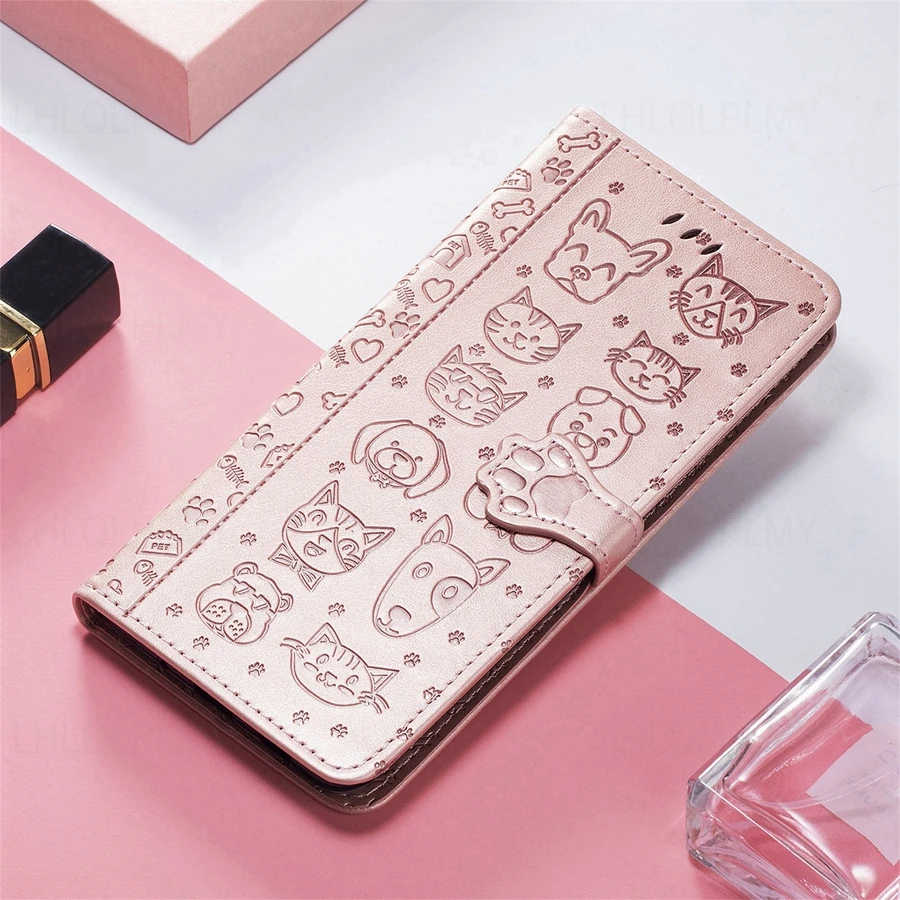 Leather Wallet Flip Case with Cat and Dog Motif Cover