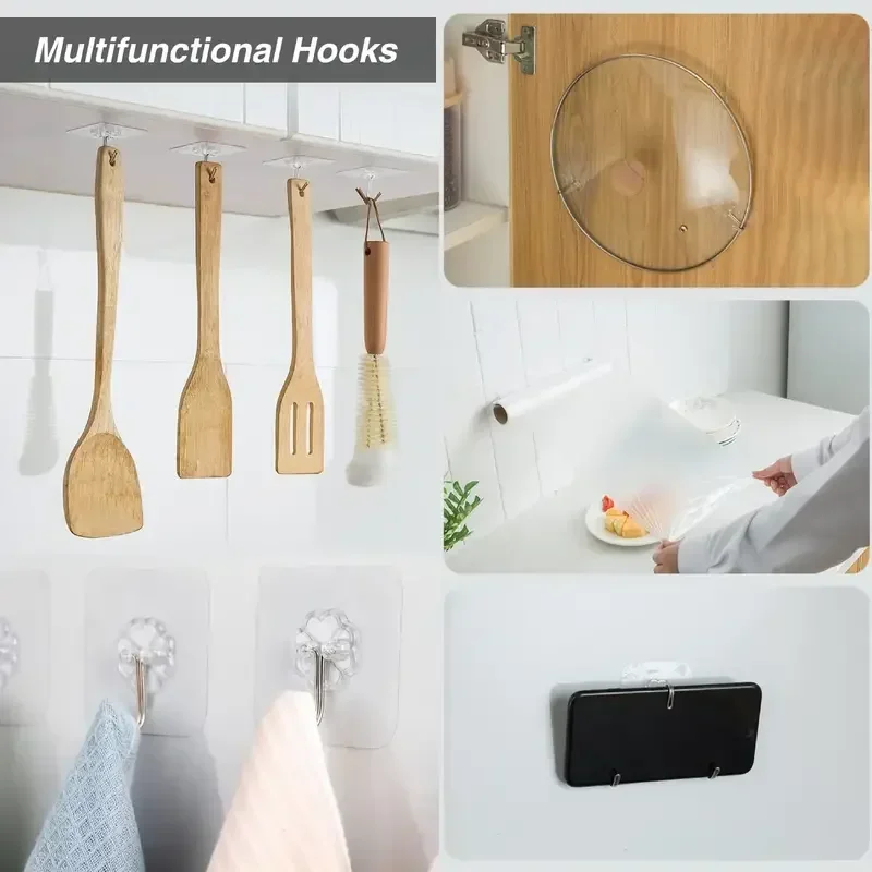 Adhesive Hooks Wall Hanger Wall Clothes Hook Kitchen Hook Towel Hook Transparent Self Adhesive Wall Hooks Heavy Duty Multi-Purpose Wall Hook Key Holder Towel Holder For Kitchen Bathroom Accessories
