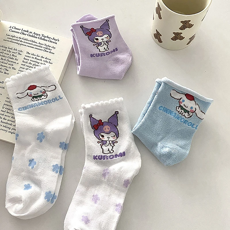 

1 пара, разноцветные хлопковые носки Kuromi Mymelody Cinnamoroll с помпоном