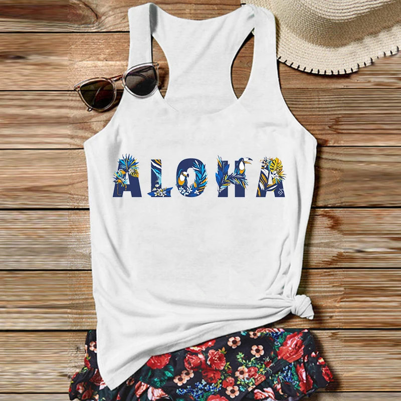 

Aloha Hawaiian Tank Top Vacation Summer White Top Gothic Clothes Aloha Tops Sexy Women Clothing Pink