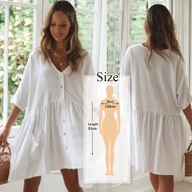 Women Summer Fashion Beach Tops Swimsuit Cover Up Summer Long Sleeve White Pocket Button Front Open Shirt Dress N648 4