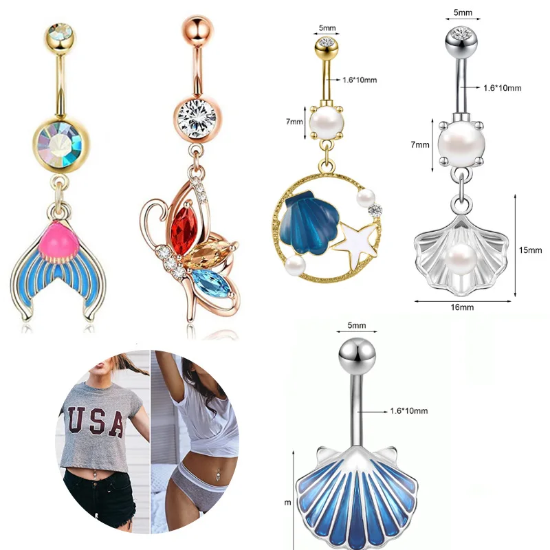 

Комплект женских колец для пирсинга пупка из ракушки из нержавеющей стали с имитацией жемчуга