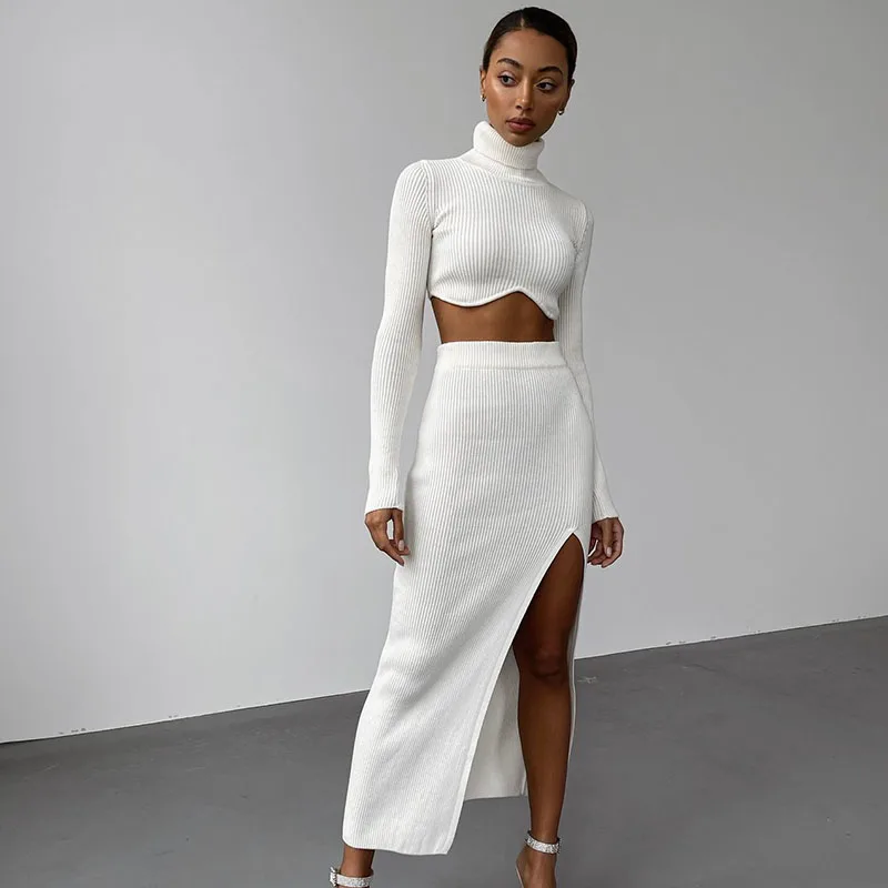 Sexy Knit Rib Skirt Sets for Women Club Outfit Long Sleeve Turtleneck Irregular Crop Top and High Split Midi Skirt Matching Sets