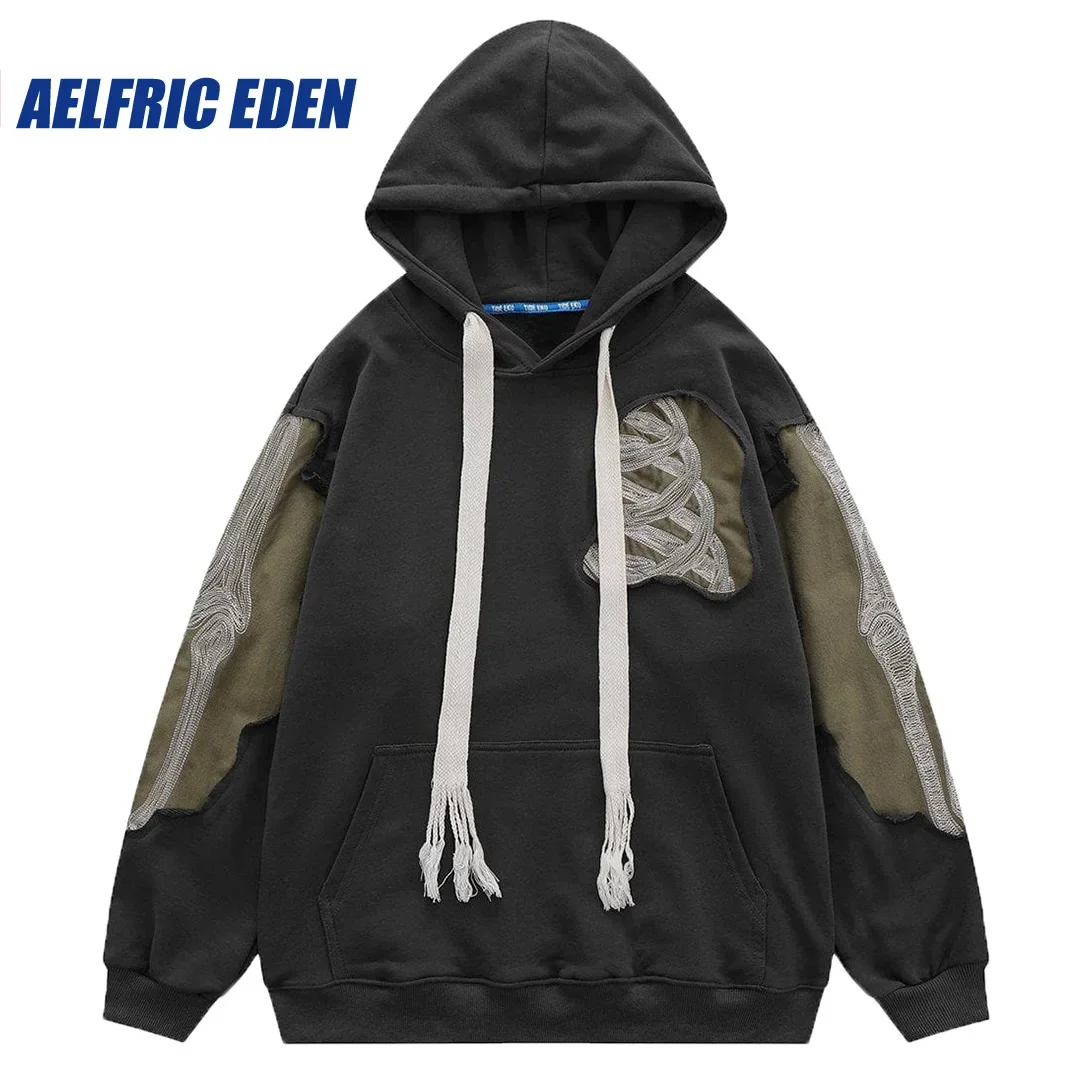 

Aelfric Eden Patchwork Skeleton Hoodie Y2K Streetwear Hip-hop Retro Splicing Harajuku Fashion Bone Casual Pullover Punk Hoodie