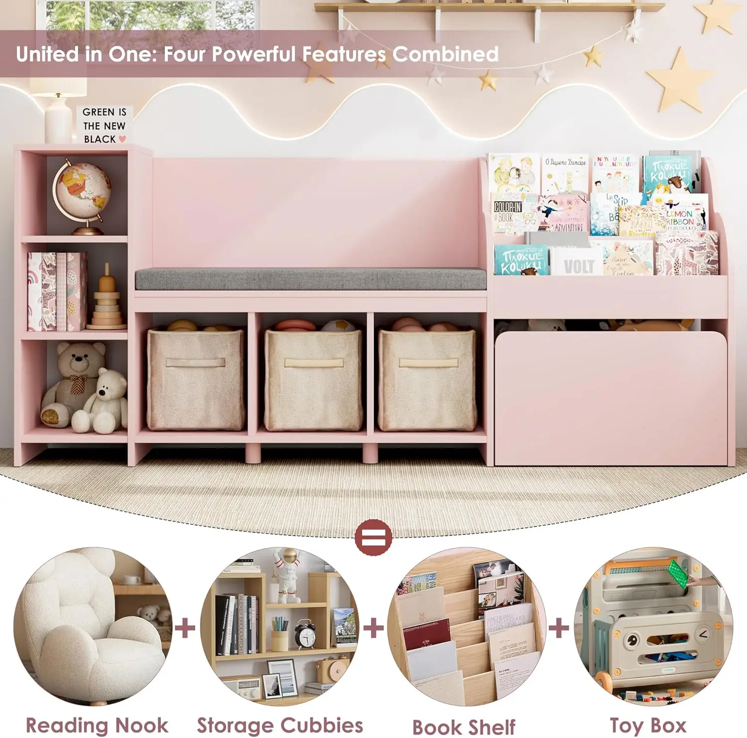 Kids Reading Nook with Bench Kids Bookshelf and Bookcase with Seat Cushion 6 Storage Cubbies Toy Storage Box on Wheels