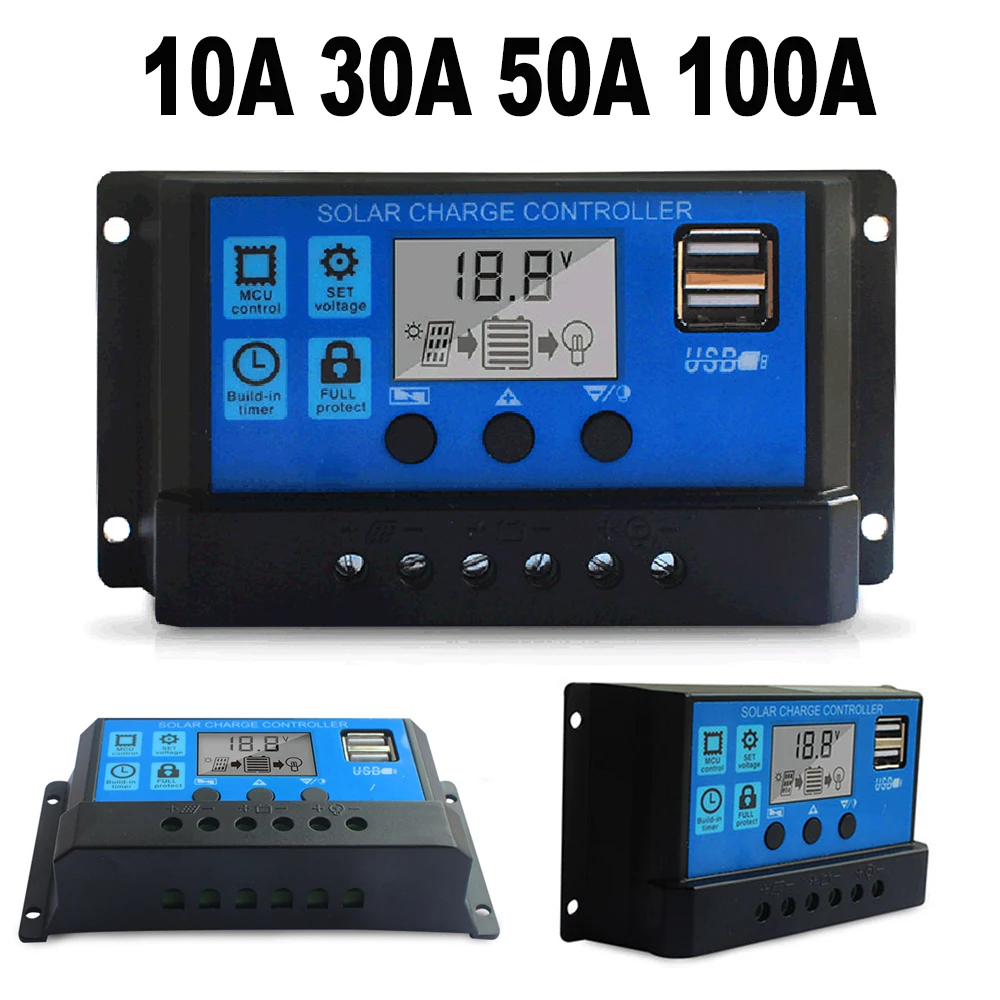 Solar Charge Controller,12V/24V Solar Panel Regulator with Adjustable LCD Display Dual USB Port Timer Setting PWM Auto Parameter