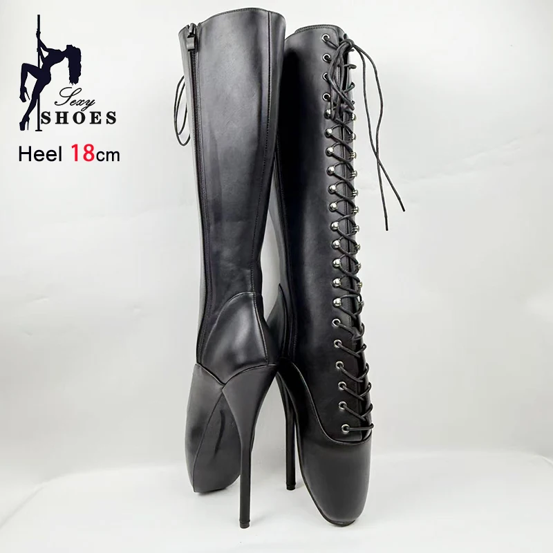 18CM/7Inches Ultra high heel Sexy Ballet High Boots Fetish Lace Up Pole Dance SM Game Shoes Matte Black Women's Mid-calf Boots