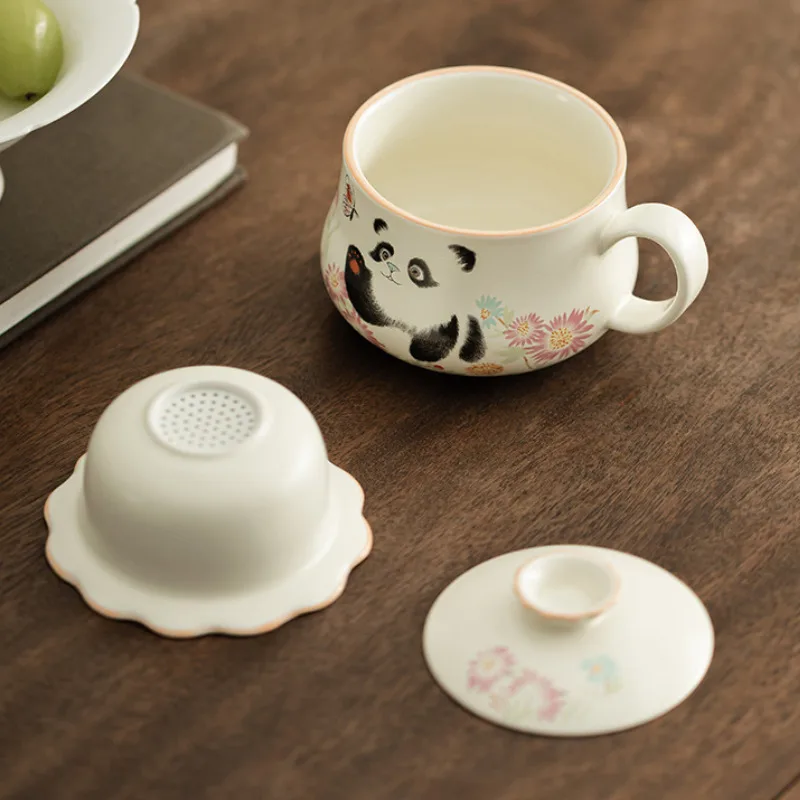 180ml Cream Ding Kiln Panda Play Butterfly Filter Tea Separator Cup Elegant Tea Mug With Infuser Tea Maker Office Water Cup Gift