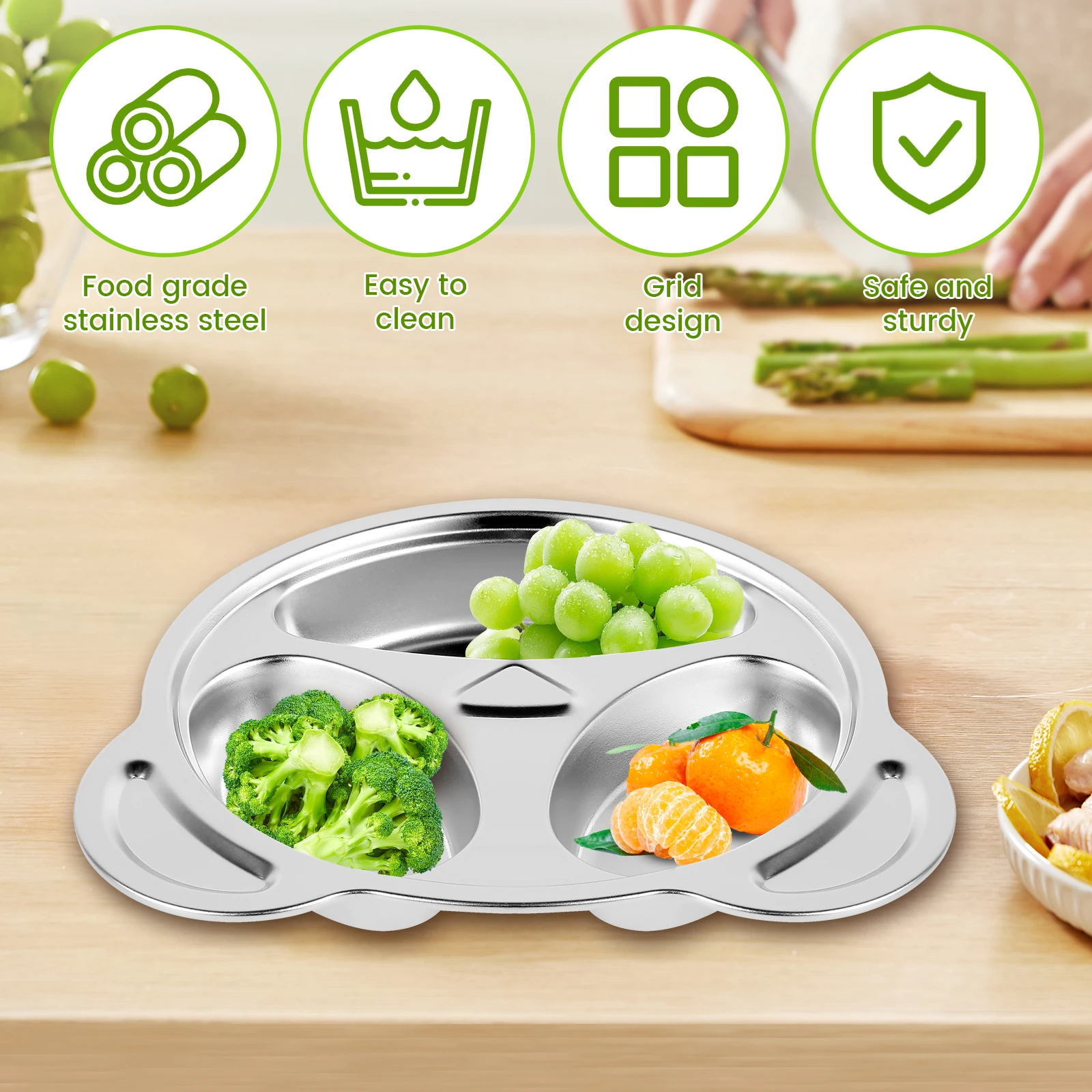 3Pcs Stainless Steel Divided Plates for Adults Kids 3 Sections Lovely Panda Shape Divided Plates Dishwasher Safe Metal
