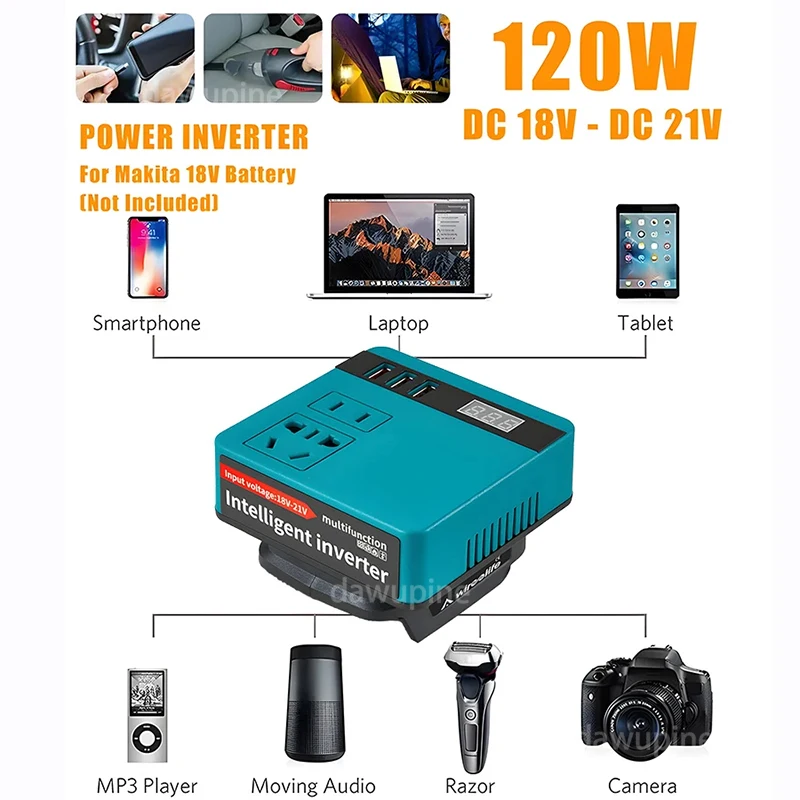 220V 120W USB Power Bank สําหรับ Makita สําหรับ Milwaukee สําหรับ DeWalt สําหรับ Dayi 18V Li-Ion แบตเตอรี่แบบพกพาอัจฉริยะอินเวอร์เตอร์ Converter 1