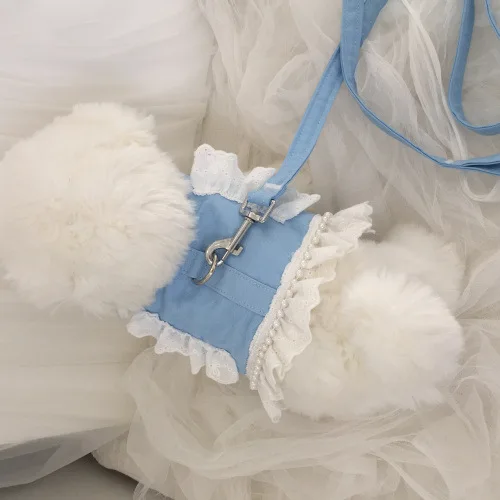 Pet Leash Set Dog Traction Rope Pet Lace Pearl Chest Strap Traction Maltese Bear Dog To Go Out Chest and Back Clothes