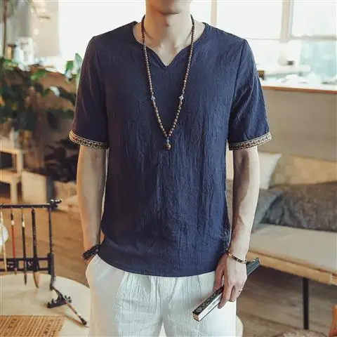 thumbnail image 1 of Camisetas de lino con gráficos para hombre, camisetas de gran tamaño para hombre, camisetas con cuello en V, sin logotipo, azules, básicas, de manga corta, informales, modernas y geniales, 1 of 5