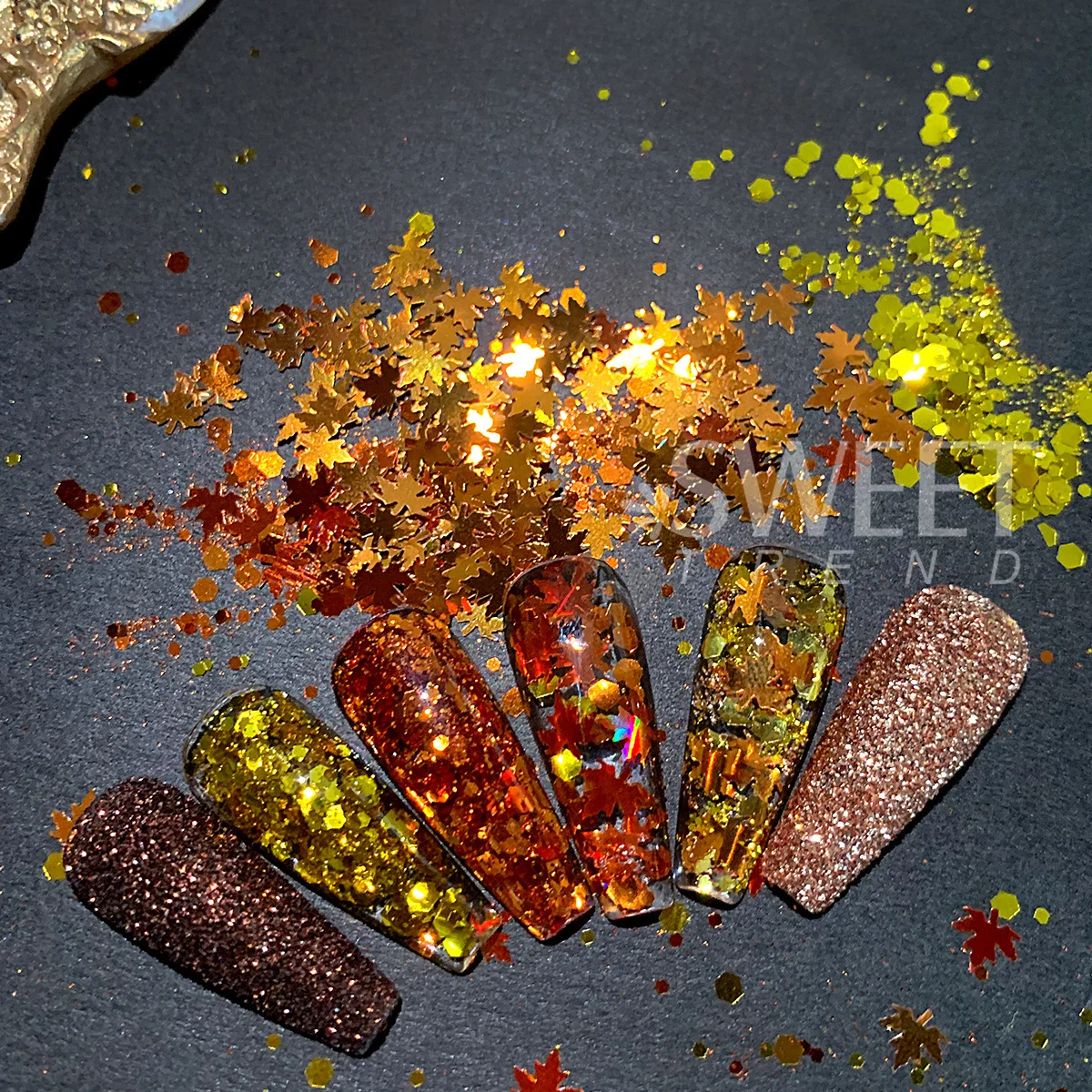 6 Bottle Autumn Winter Nail Glitter Flakes Maple Leaves Hexagon Diamond Powder Sequins Golden DIY Charm Manicure Supplies Flash