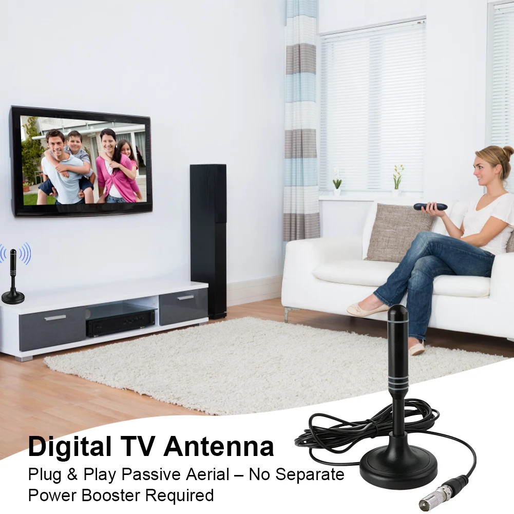 Portable TV Antenna 300cm Coax Cable Indoor Outdoor Digital HD Freeview Aerial DVB-T DVB-T2 DAB Plug and Play for Smart TV