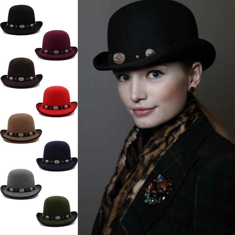 

Men Women Wool Blend Oval Top Bowler Hats Woolen Fedora Caps Trilby Classical Derby Sunhat Adjustable UK M-L US 7 1/8-7 3/8