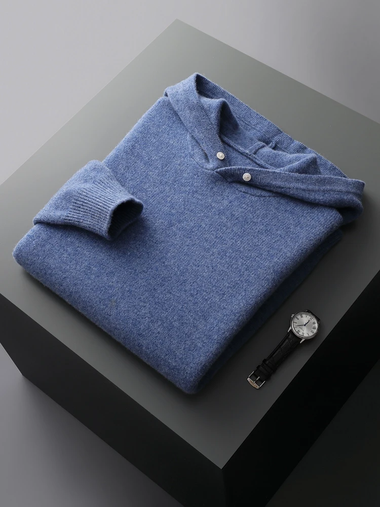 ADDONEE Men Hooded Pullover Cashmere Sweater Autumn Winter 100% Merino Wool Knitwear Smart Casual Sweater Korean Fashion Tops 2