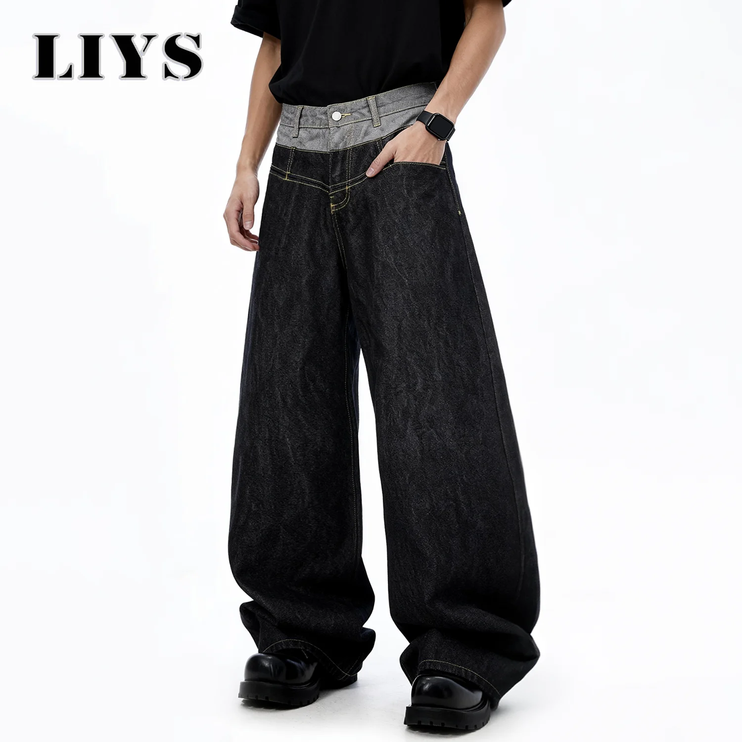 الرجال الرجعية مزدوجة الخصر تصميم فضفاض واسعة الساق الجينز الشارع تصميم الدنيم السراويل القوطية فضفاض المنجل واسعة الساق جان للرجال و النساء الملابس