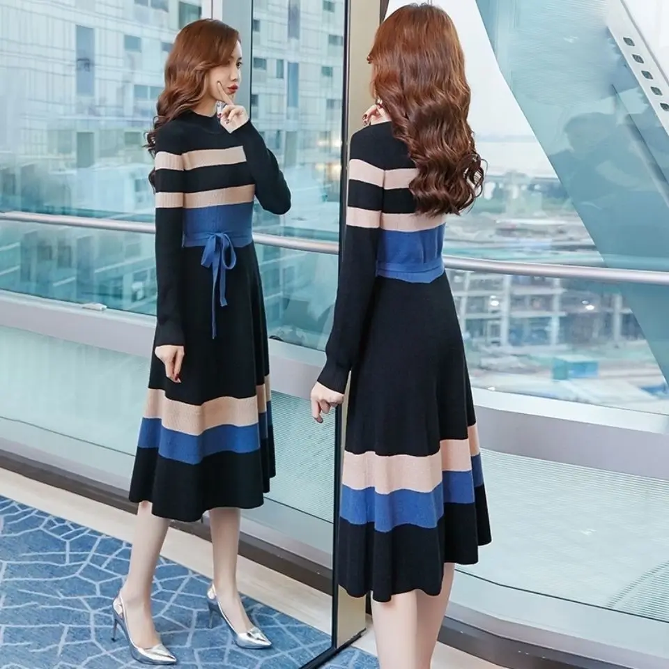 

Korean Fashion Striped Knitted A-Line Dress Women Elegant Belted Half Turtleneck Sweater Dresses Vintage Midi Vestidos De Mujer