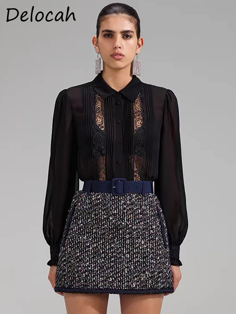 

Delocah/высококачественные весенние женские модные дизайнерские рубашки, комплекты с длинными рукавами-фонариками и кружевной отделкой, свободные тонкие блузки с принтом, топы