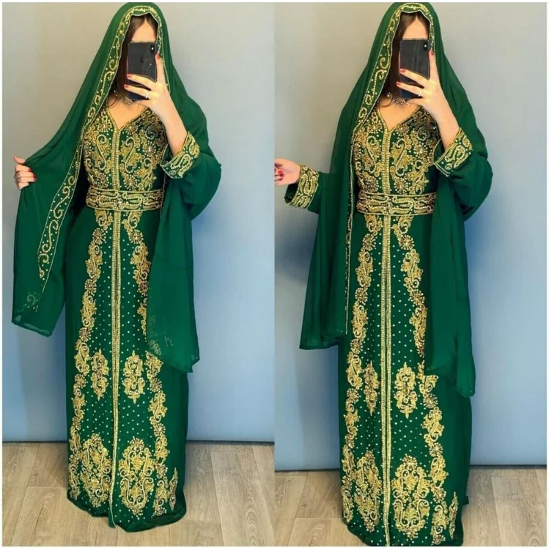 Moroccan Green Long Shirt Abaya Farasha Dubai Robe Long Dress with Free Scarf Fashion Trends