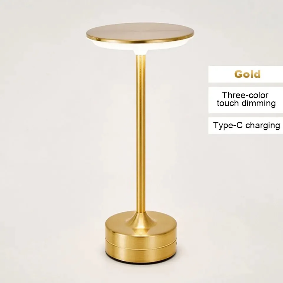 Draadloze LED tafellamp in goud met metalen disc top