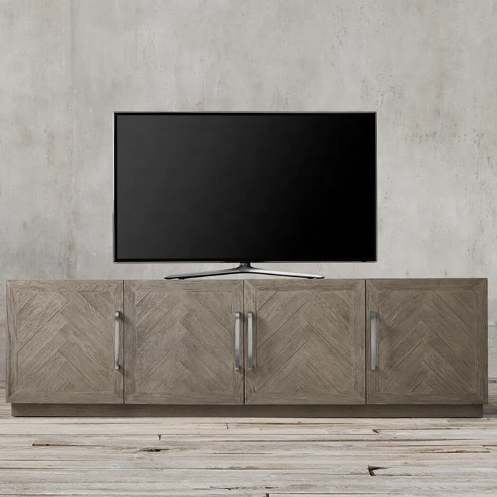 High Quality Herringbone Pattern Solid Wood Oak 3-4-DOOR MEDIA CONSOLE Tv Stand Living Room Furniture