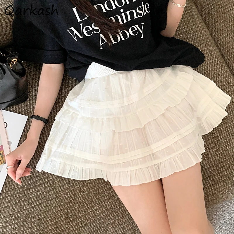 

Chic Ruched A-line Mini Skirts Women Fashion Dots Ruffles Pleated High Elastic Waist Young Sweet Popular All-match Girls Ins New