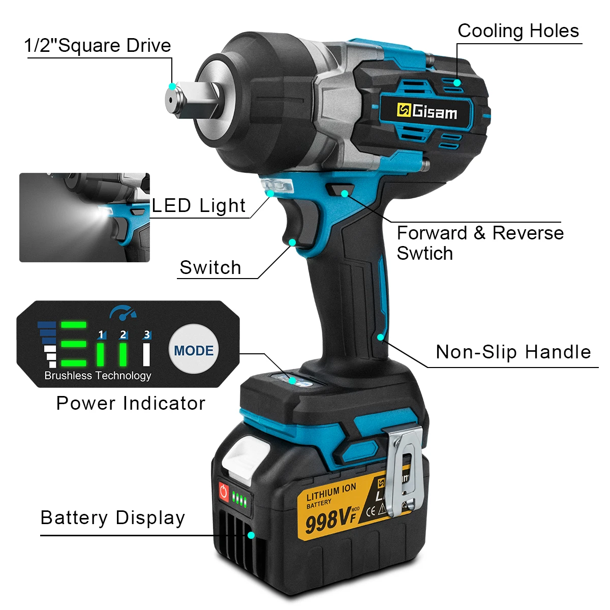 Gisam 2800N.M Torque Brushless Electric Impact Wrench 1/2 inch