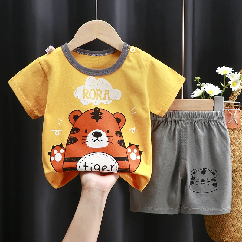 Summer New Kids Casual Pajamas Cute Cartoon Print Short Sleeve T-Shirt Tops with Shorts Toddler Baby Boys Girls Clothing Sets