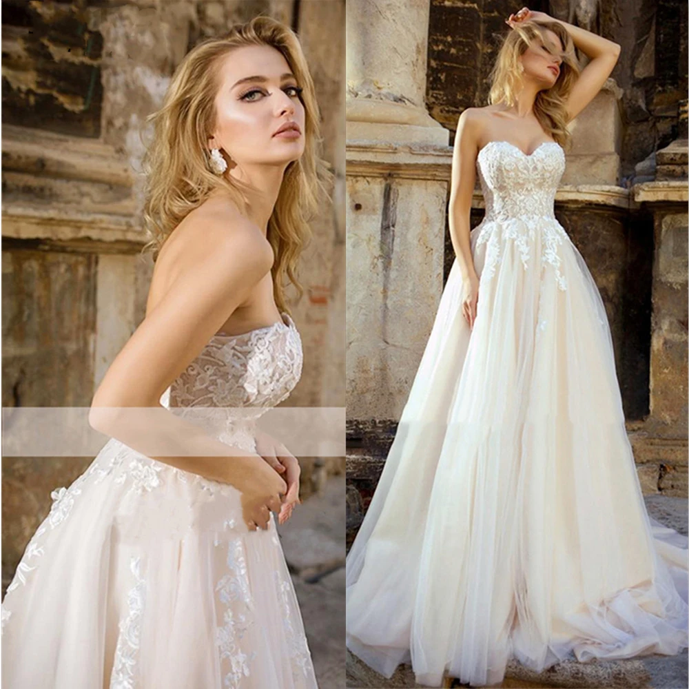 

2022 Aviana Boho Strapless A-Line Wedding Dress Sweetheart Backless Sweep Train Tulle Bridal Gown Vestido De Novia Custom Made