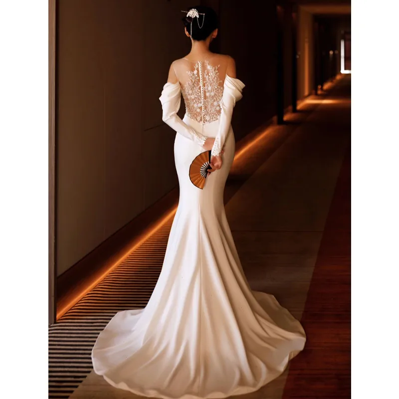 High-end And Fashion Wedding Dresses Wedding Bride French Minimalist White Slimming Fish Tail Long Sleeve